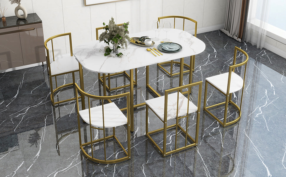 Modern 7-Piece Dining Table Set with Faux Marble (White/Gold)