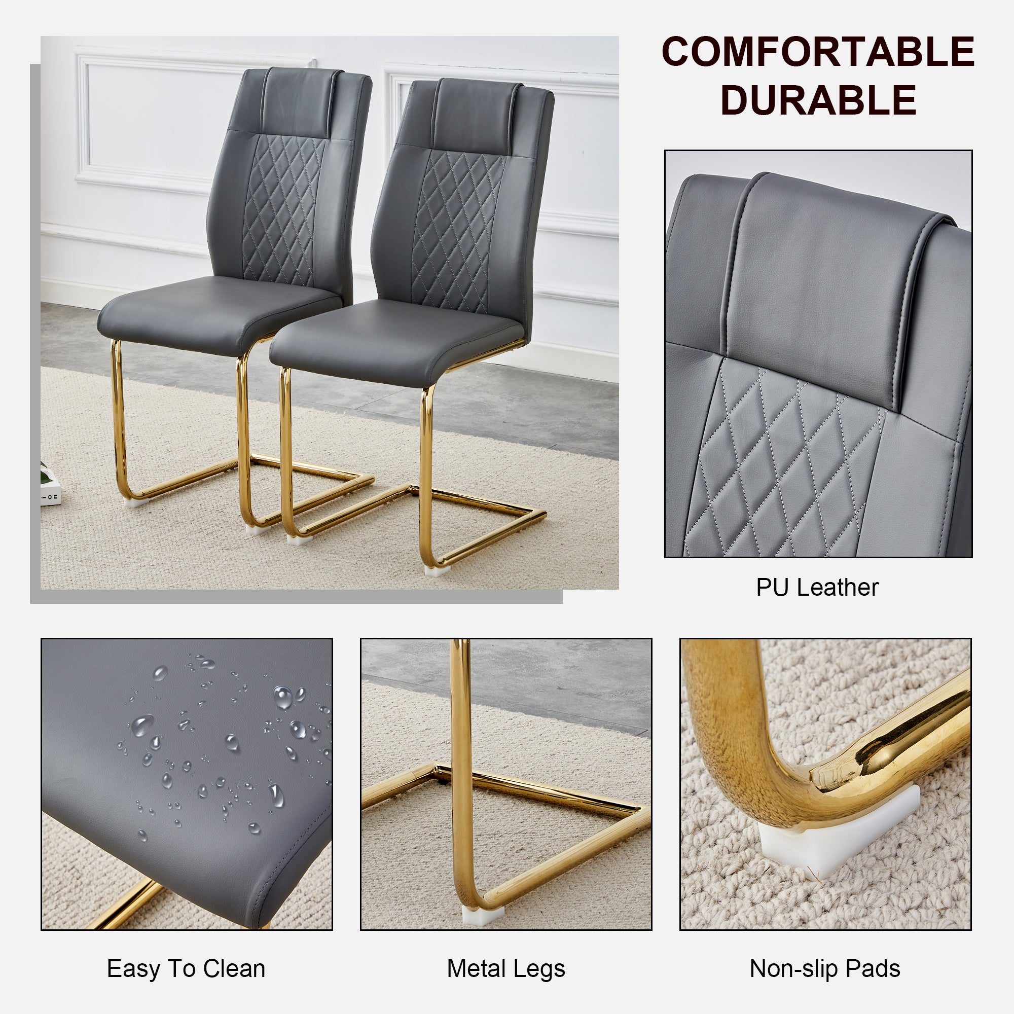 Set of 6 Chic Faux Leather Cushioned Chairs w/ Metal Legs (Gray)