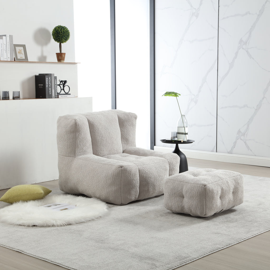 Fluffy Bean Bag Chair & Footstool w/ Memory Foam (Gray)