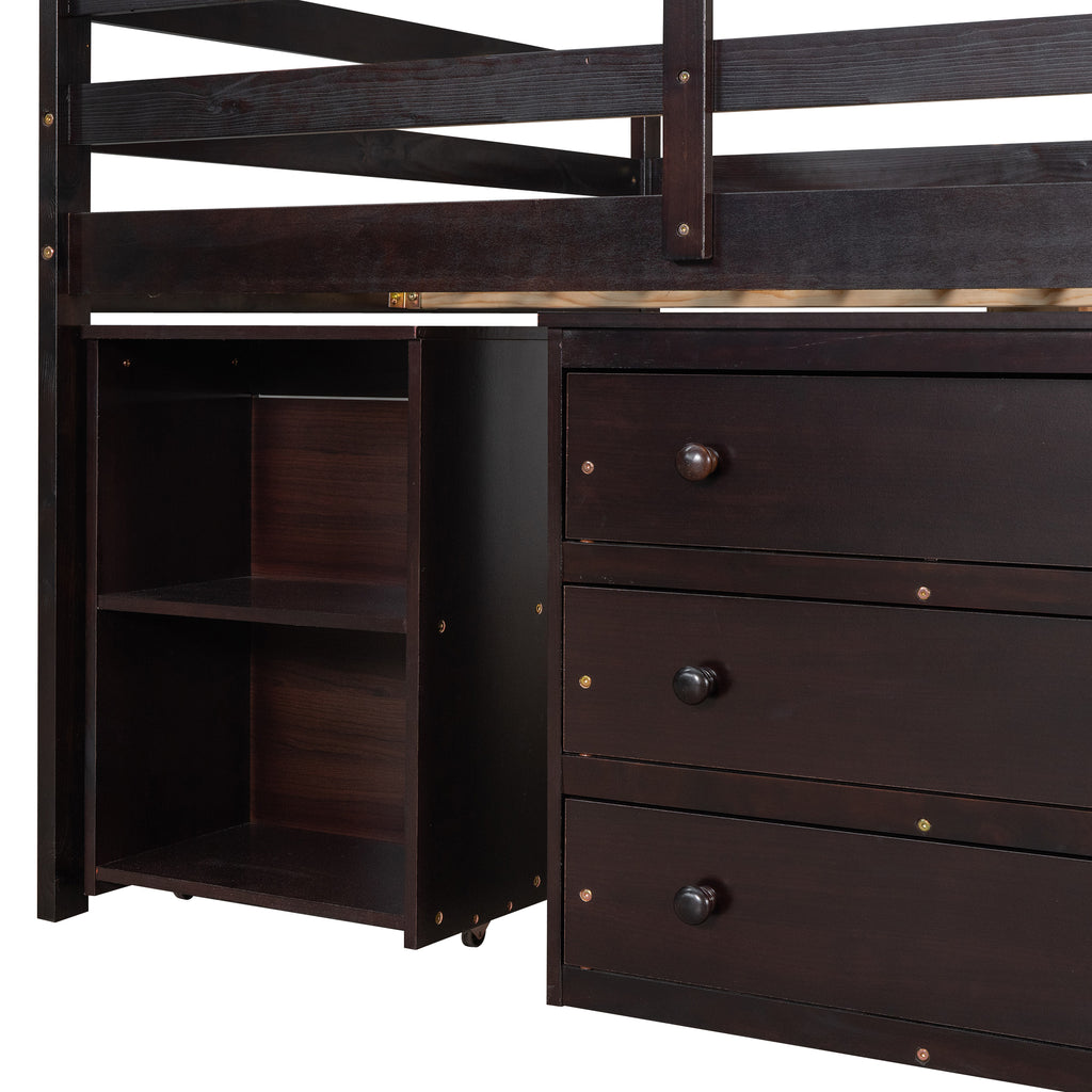 Low Study Full Loft Bed w/ Cabinet Shelves & Desk (Espresso)