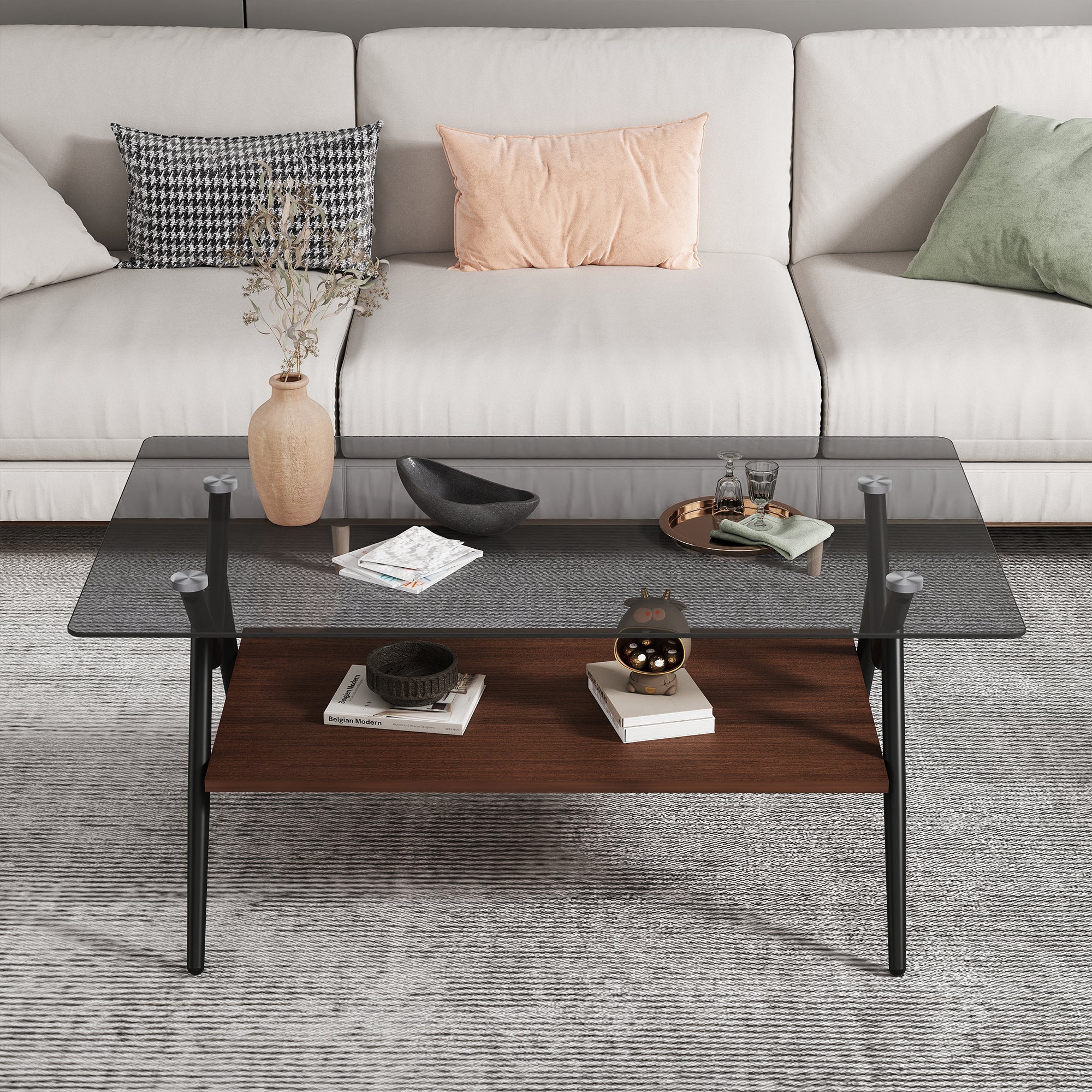 Modern Rectangle Coffee Table with Gray Tempered Glass