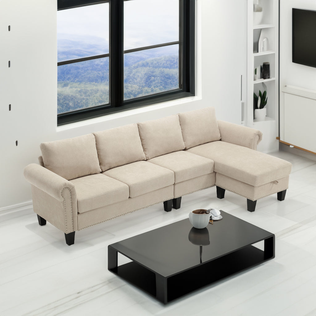 Convertible L-shaped Sectional w/ Storage (Beige)