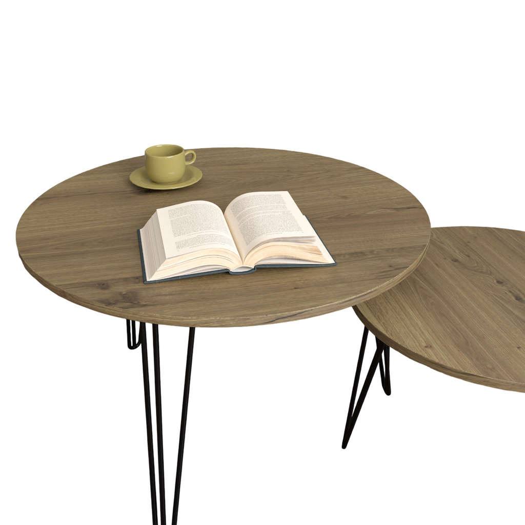 2 Set Round Nesting End Table Set w/ Sturdy Metal Base (Brown)