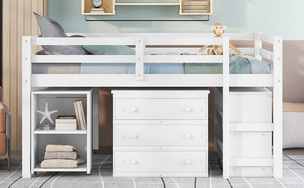 Low Study Full Loft Bed w/ Cabinet Shelves & Desk (White)