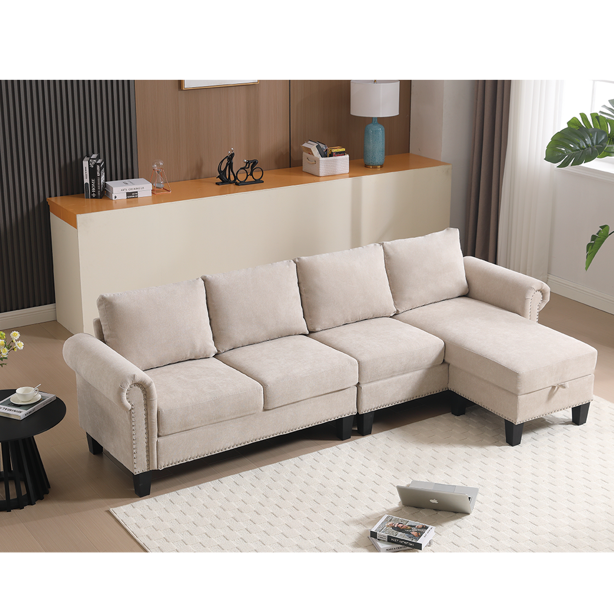 Convertible L-shaped Sectional w/ Storage (Beige)