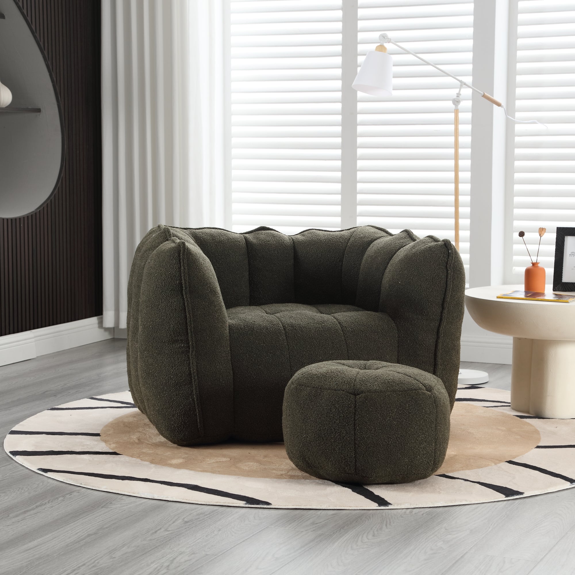 Plush Foam Lounger w/ Ottoman (Olive Green)
