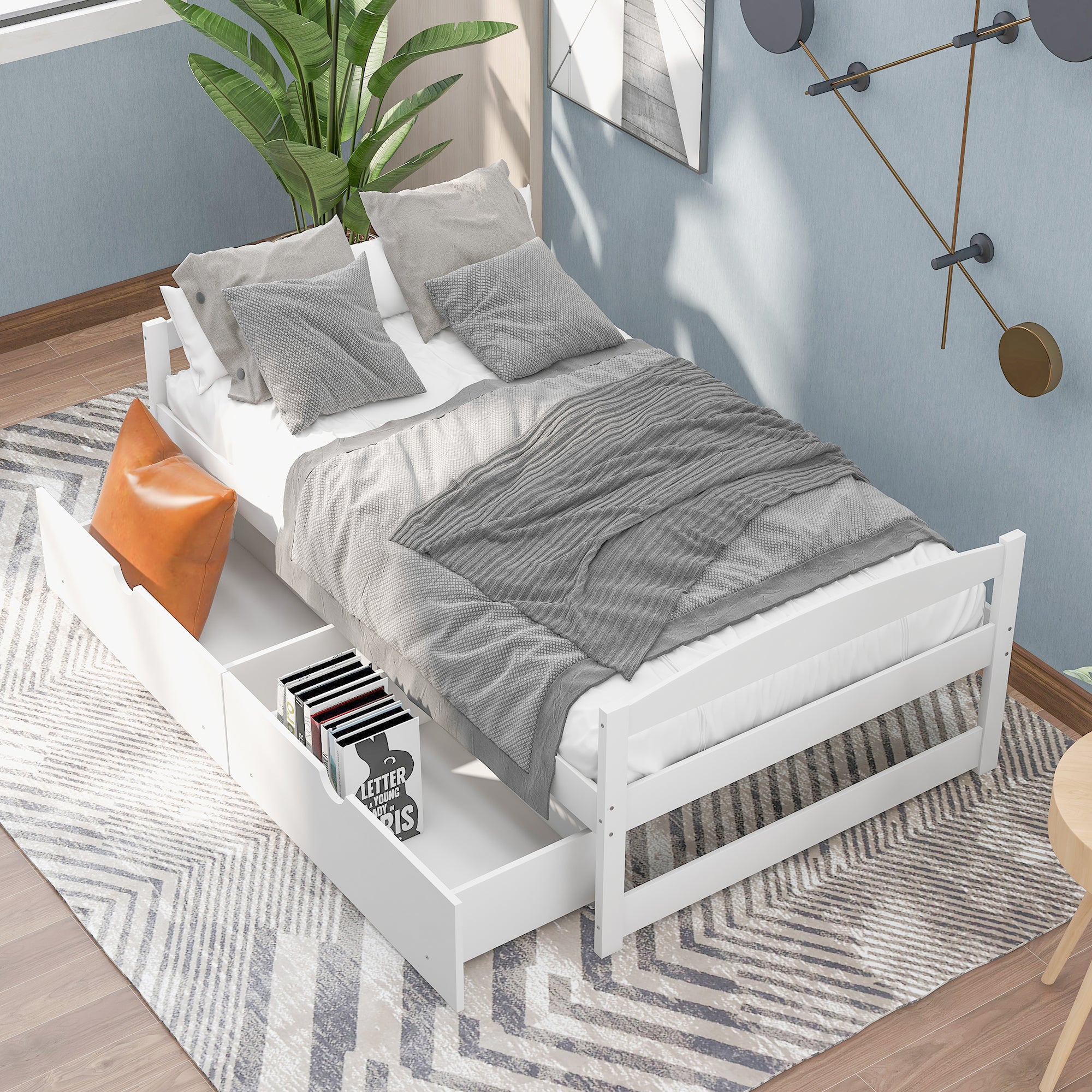 Twin size platform bed w/ two drawers (White)