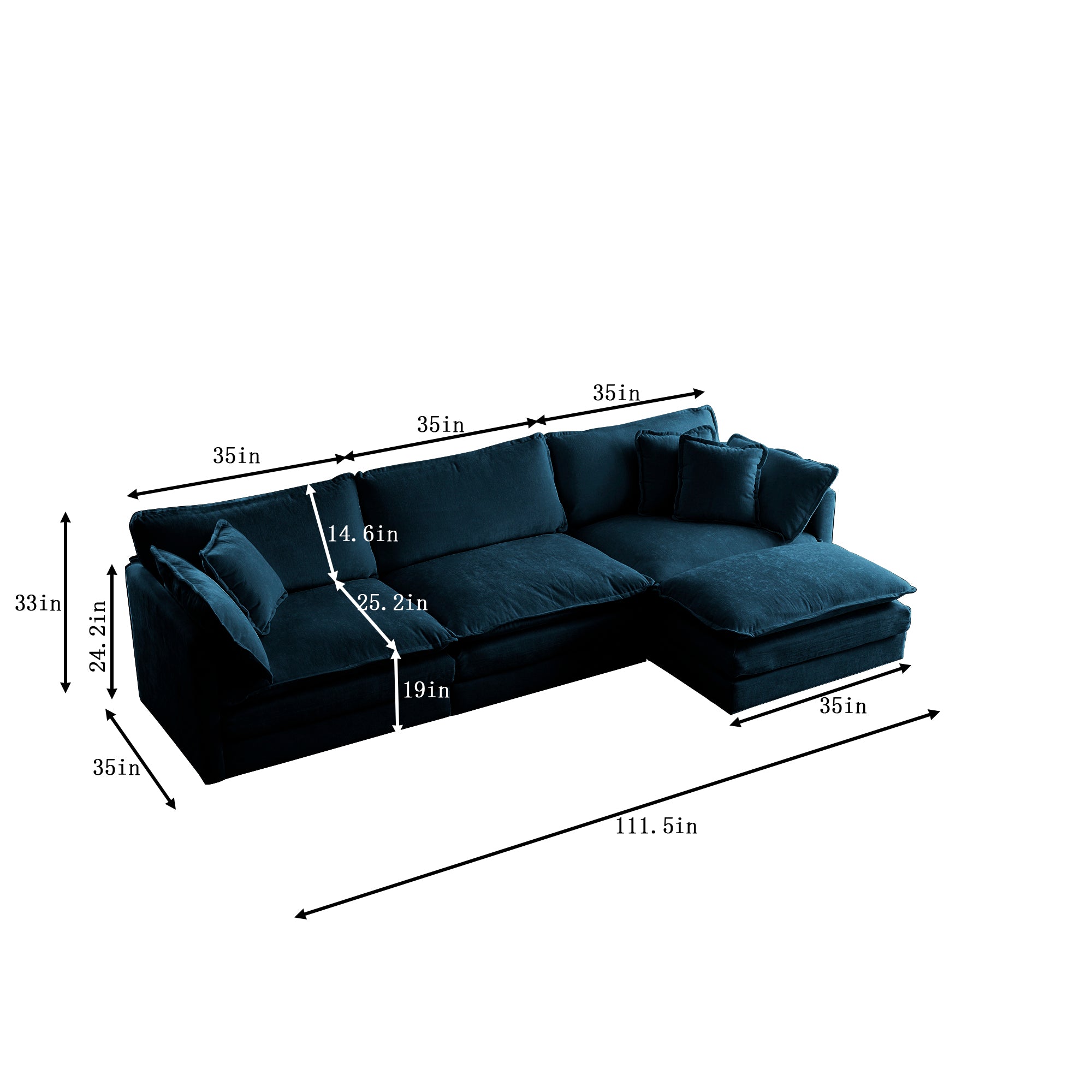 Modular Oversized L Shaped Sectional Sofa w/ Reversible Ottoman (Blue)