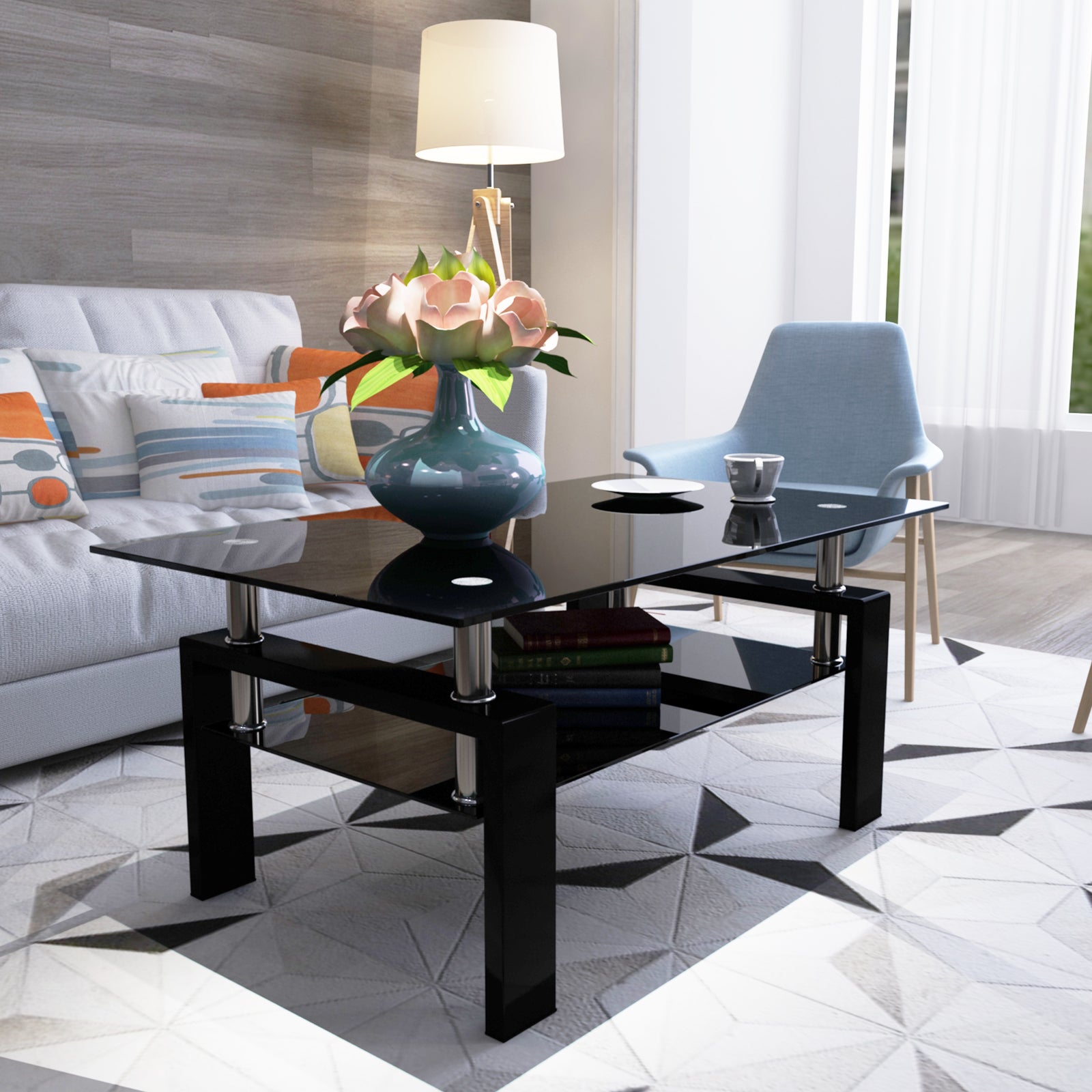 Modern 2-Layer Rectangle Black Glass Coffee Table