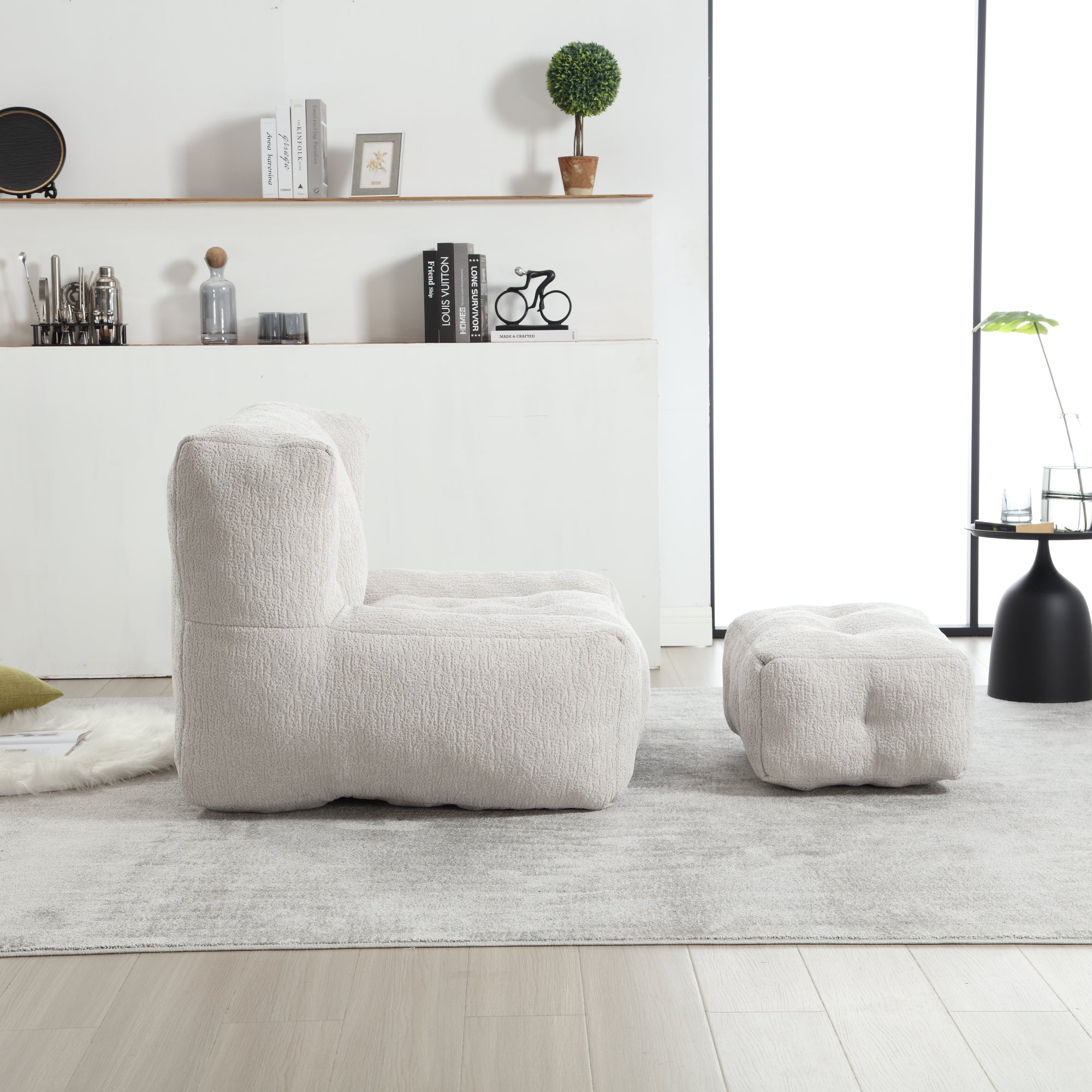 Fluffy Bean Bag Chair & Footstool w/ Memory Foam (Gray)
