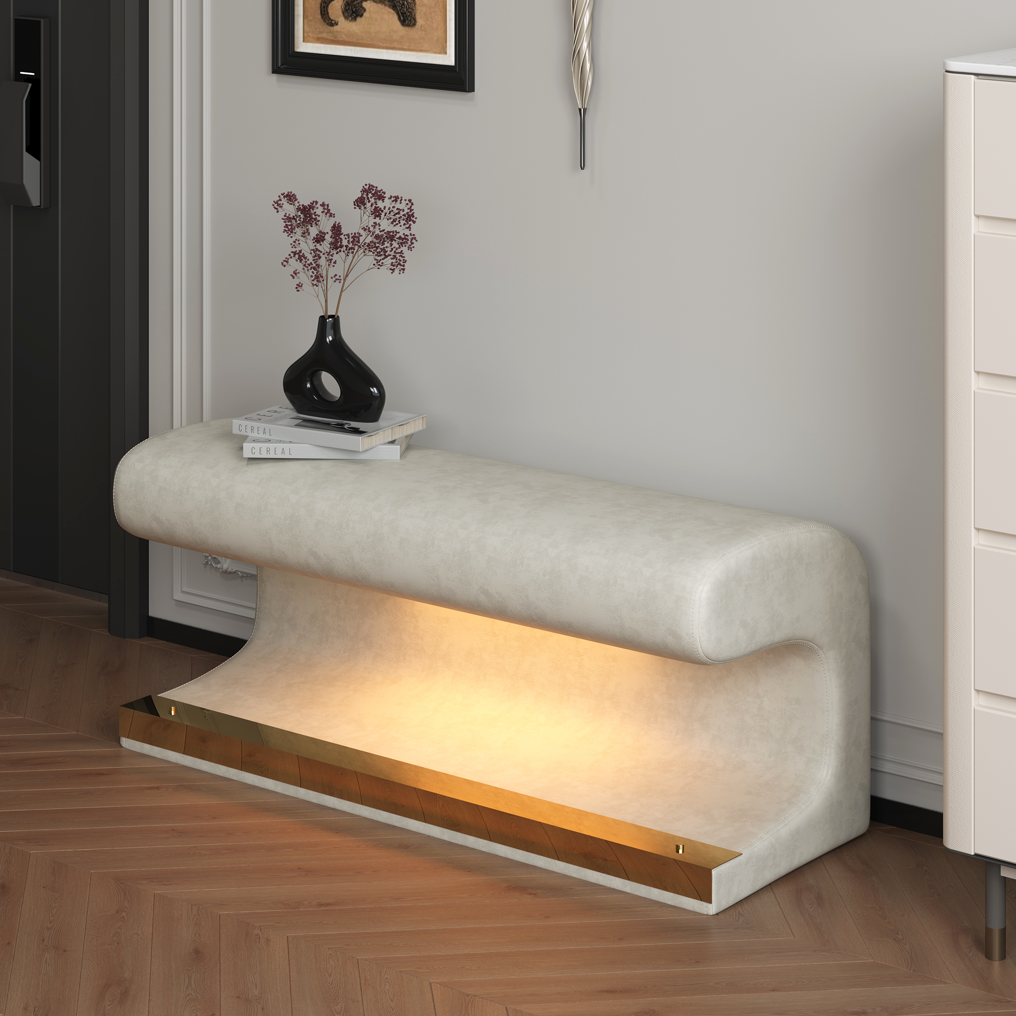 Entryway Bench Leather Ottoman w/ LED Sensor Light (Beige)