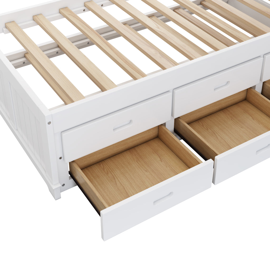 Solid Pine Twin Captain Bookcase Bed w/ Trundle Bed & 3 Drawers in Casual (White+Walnut)
