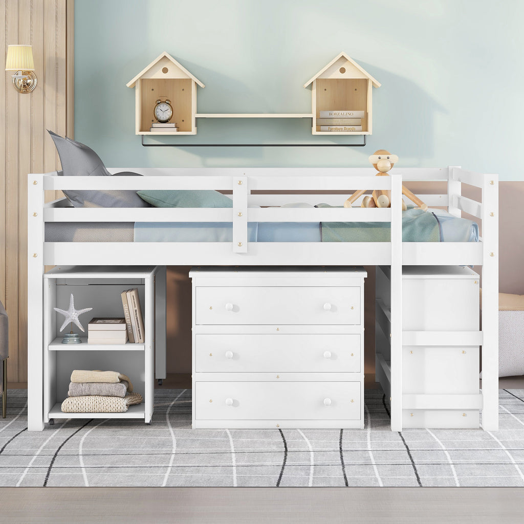 Low Study Full Loft Bed w/ Cabinet Shelves & Desk (White)