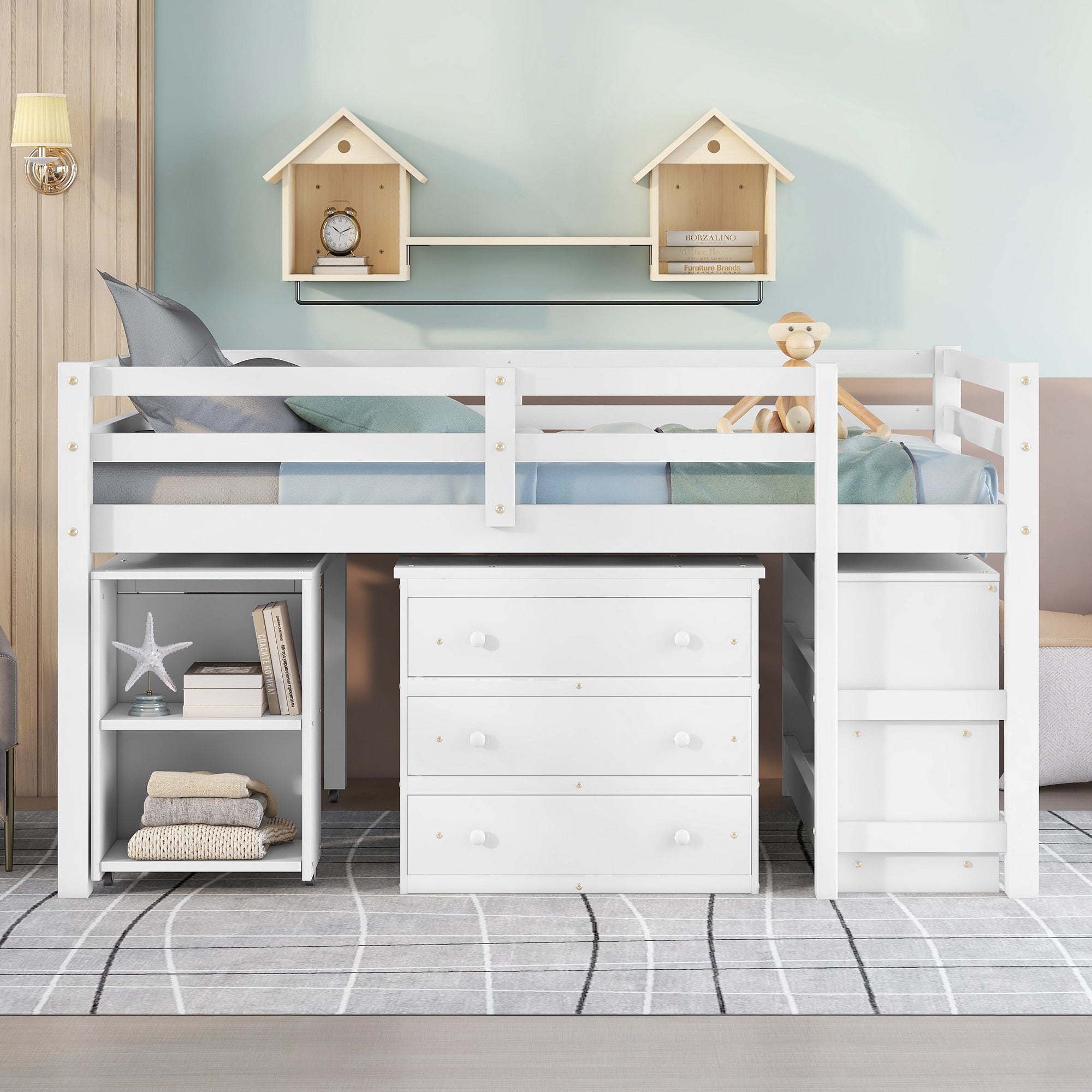 Low Study Full Loft Bed w/ Cabinet Shelves & Desk (White)