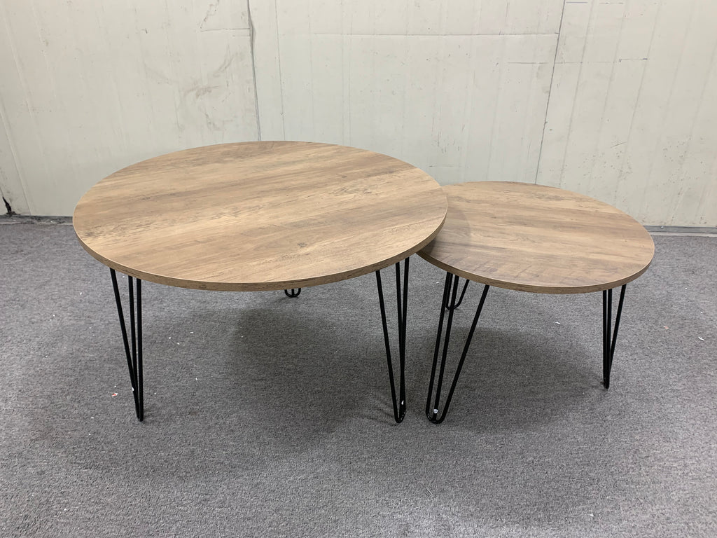 2 Set Round Nesting End Table Set w/ Sturdy Metal Base (Brown)