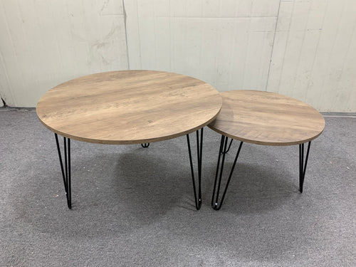 2 Set Round Nesting End Table Set w/ Sturdy Metal Base (Brown)