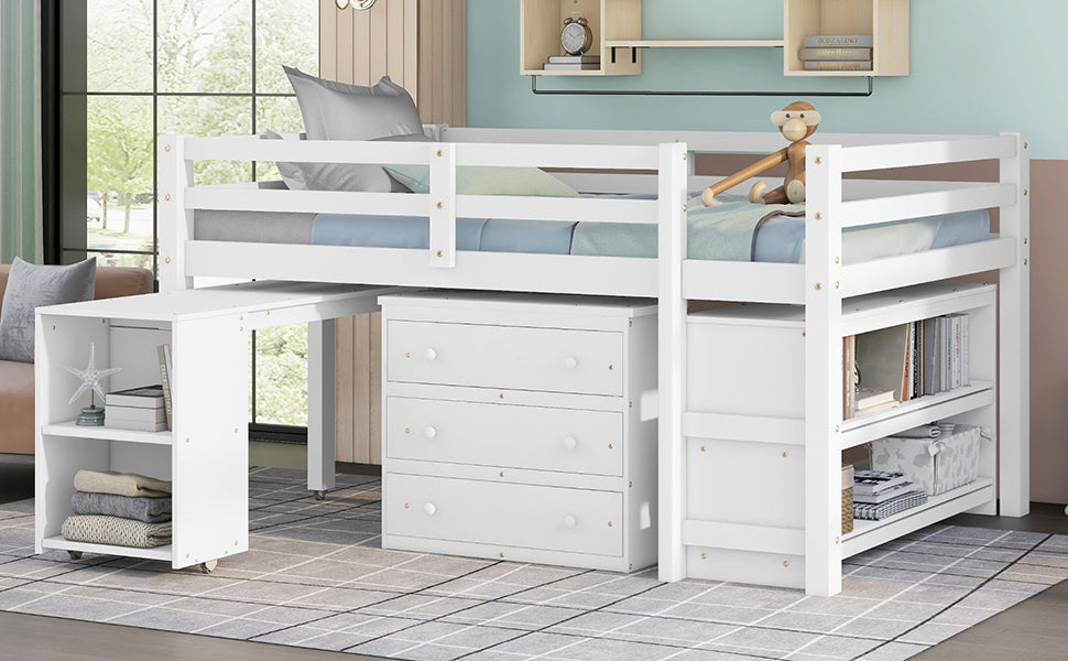 Low Study Full Loft Bed w/ Cabinet Shelves & Desk (White)
