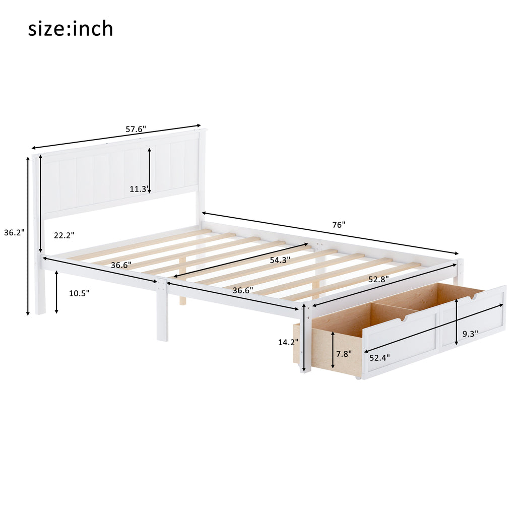 Full Size Platform Bed w/ Under-bed Drawers (White)