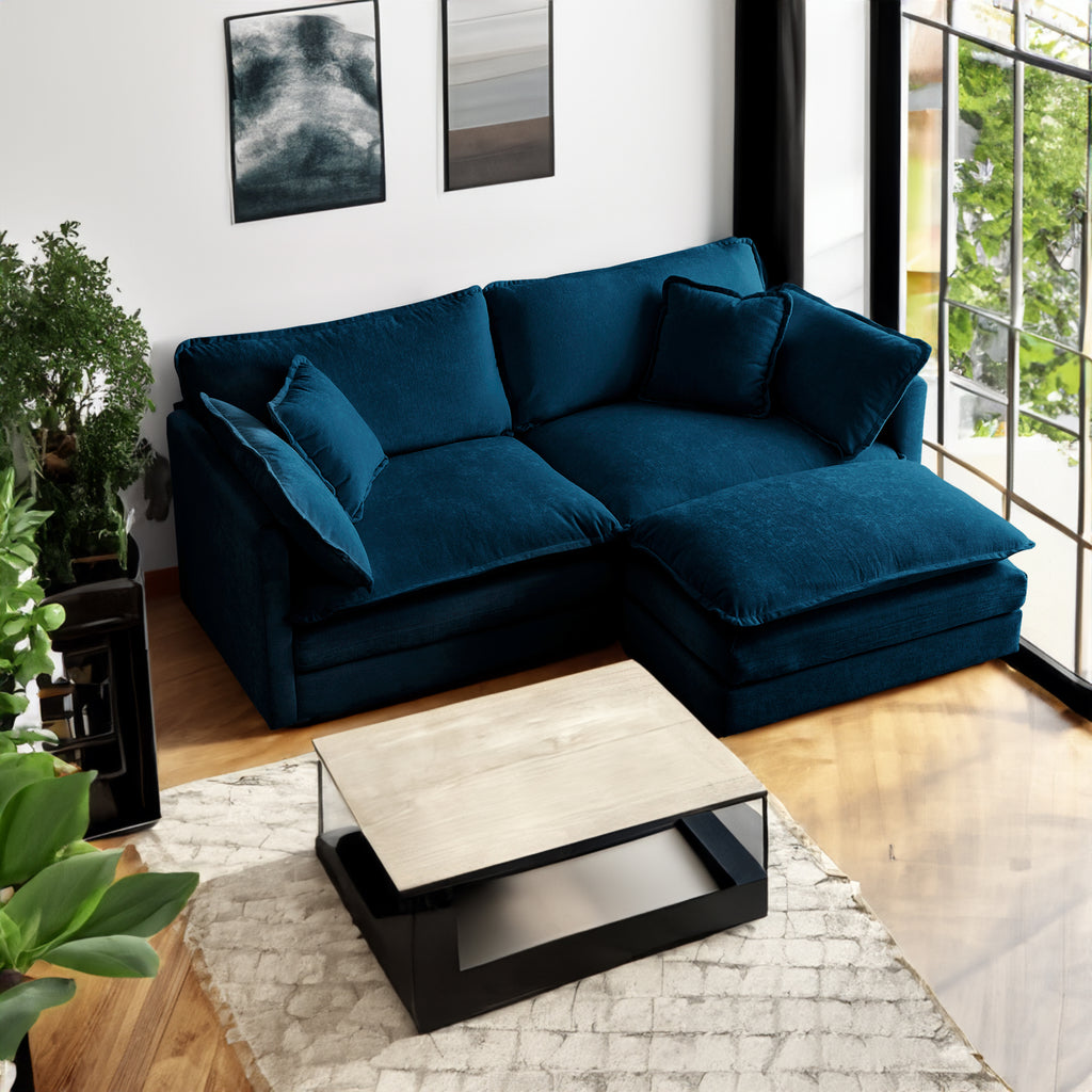 Chenille 2 seat L-shaped section w/ Ottoman (Blue)