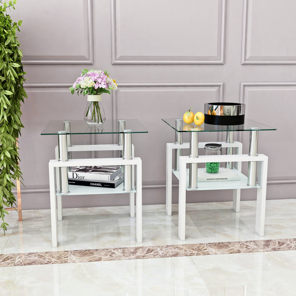 Set of 2, Modern Tempered Glass Coffee Table (White)