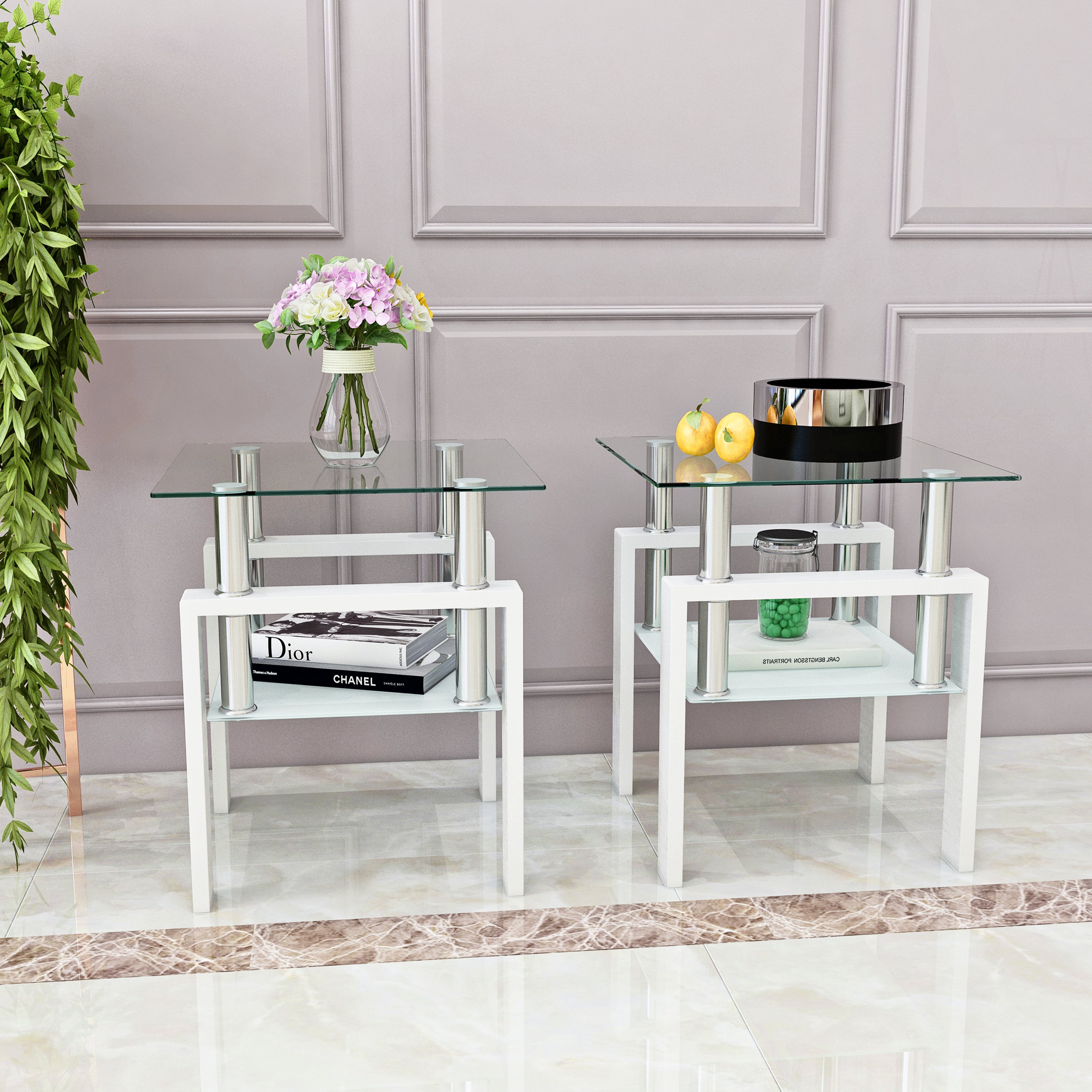 Set of 2, Modern Tempered Glass Coffee Table (White)