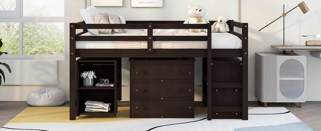 Low Study Full Loft Bed w/ Cabinet Shelves & Desk (Espresso)