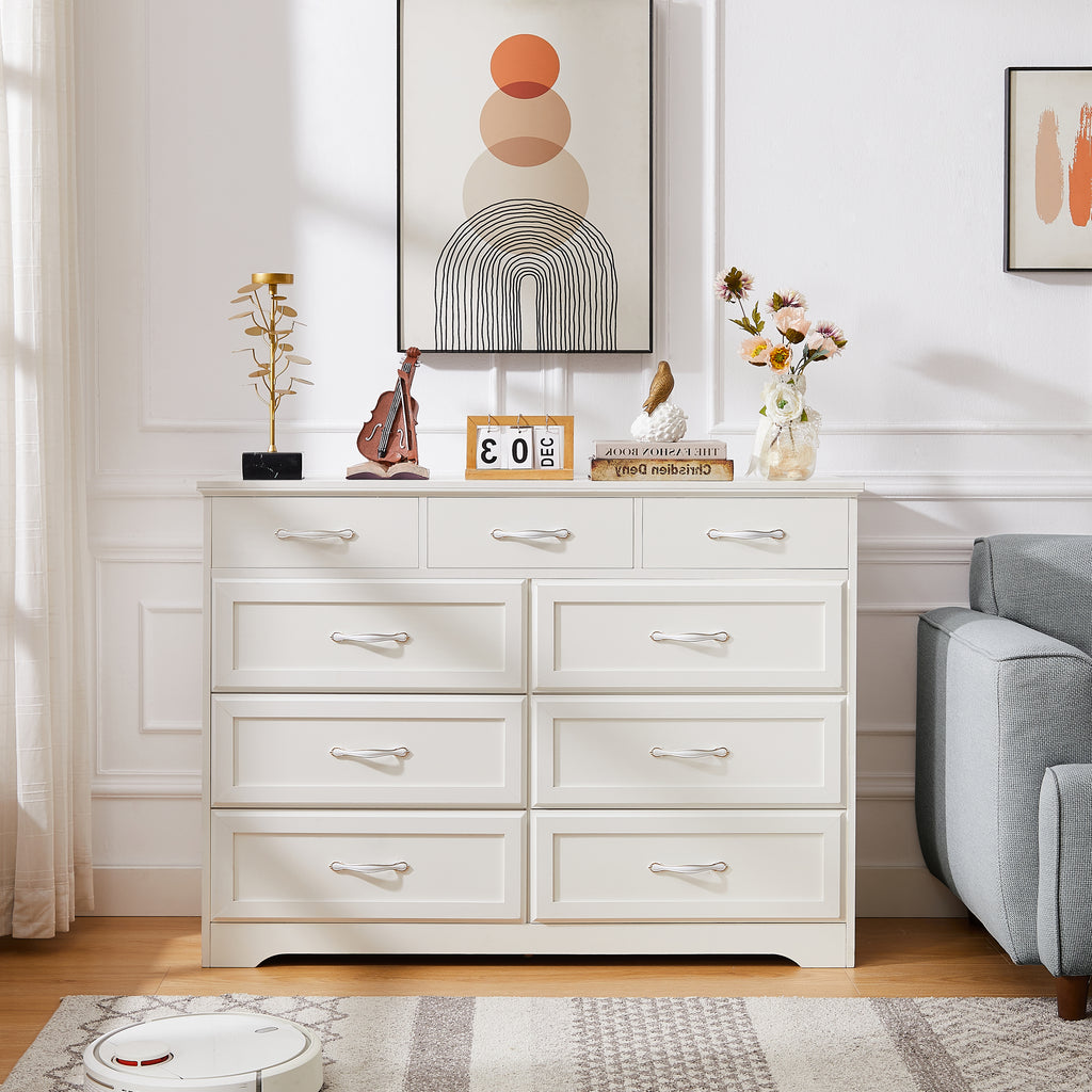 9 Drawer Dresser w/ Antique Handles (White)