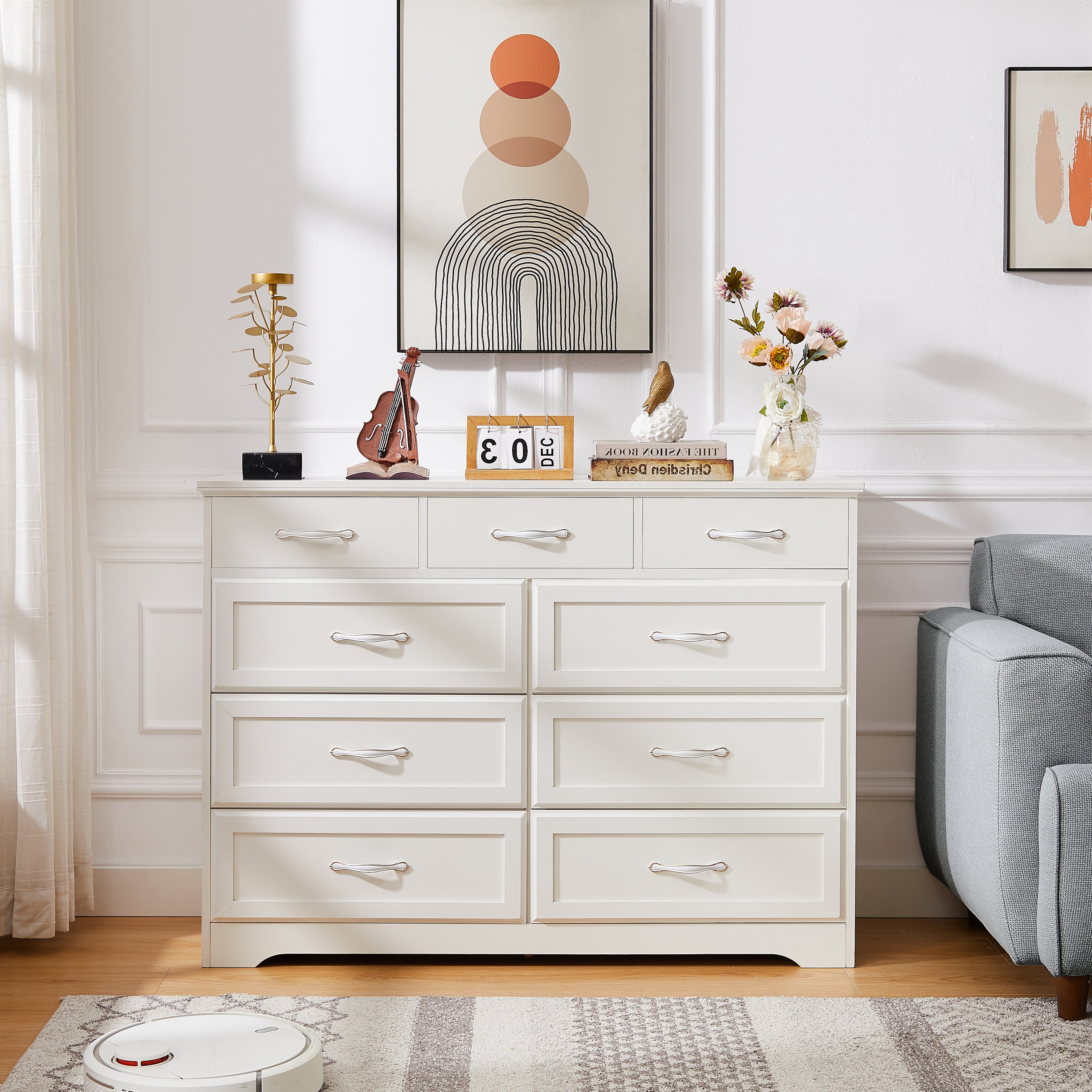 9 Drawer Dresser w/ Antique Handles (White)