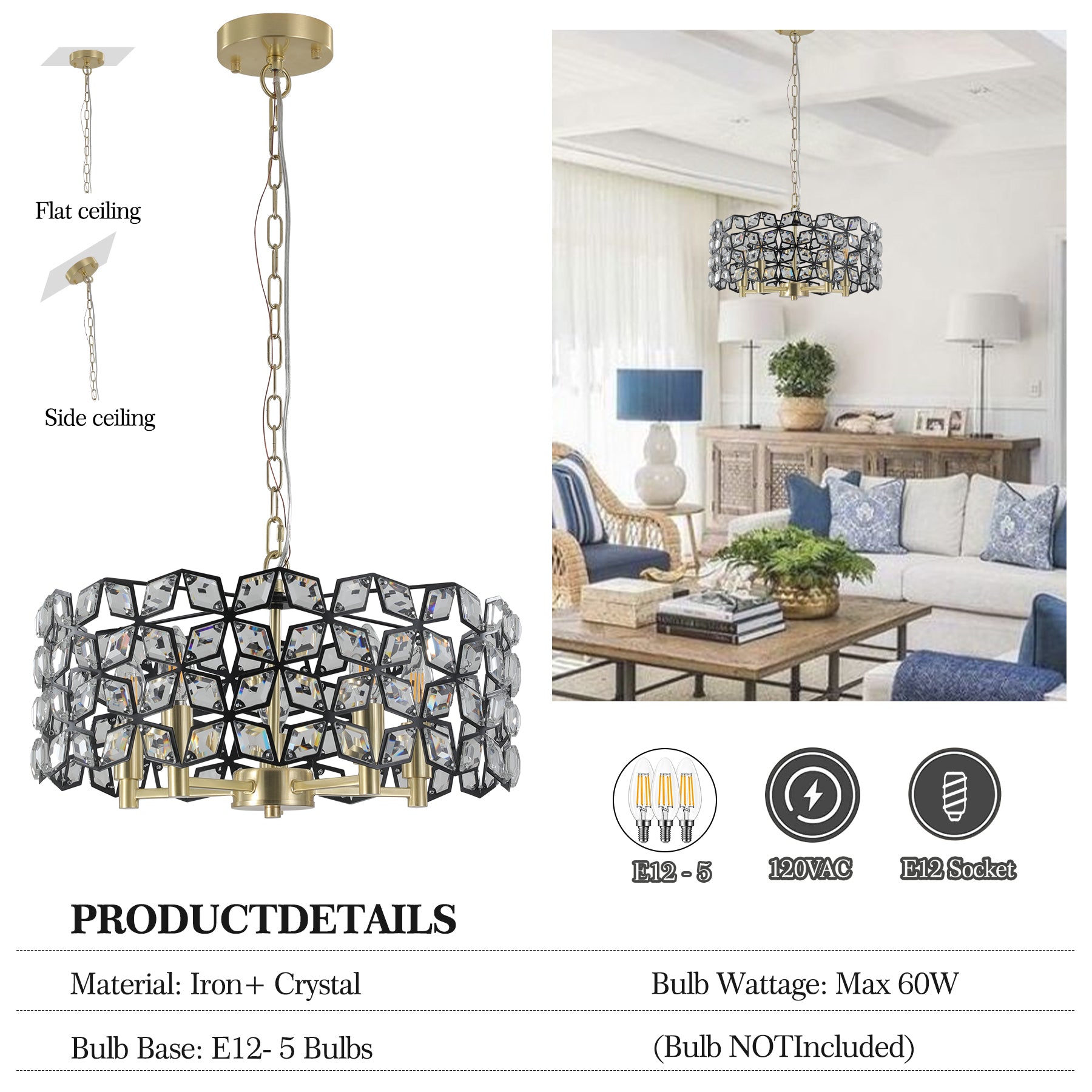 Modern Crystal Chandelier Light Fixture (Black)