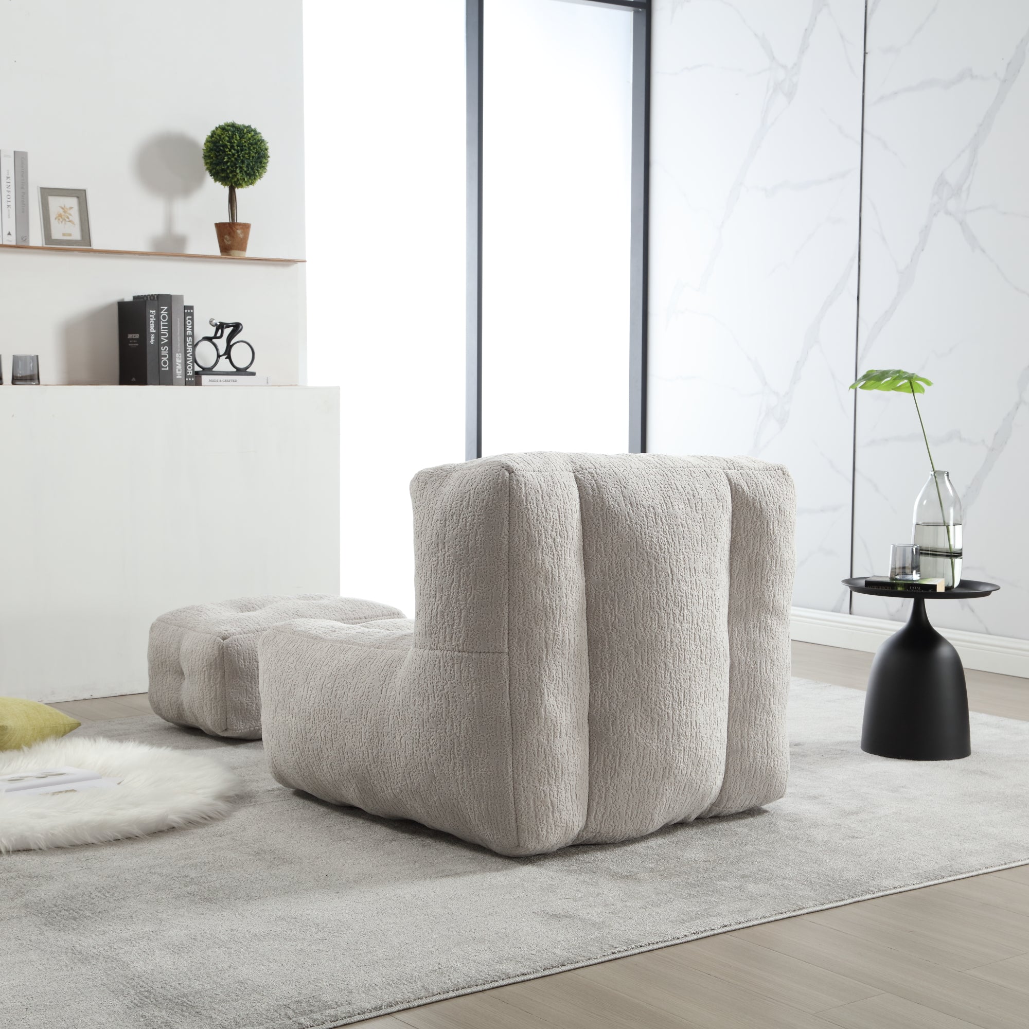 Fluffy Bean Bag Chair & Footstool w/ Memory Foam (Gray)