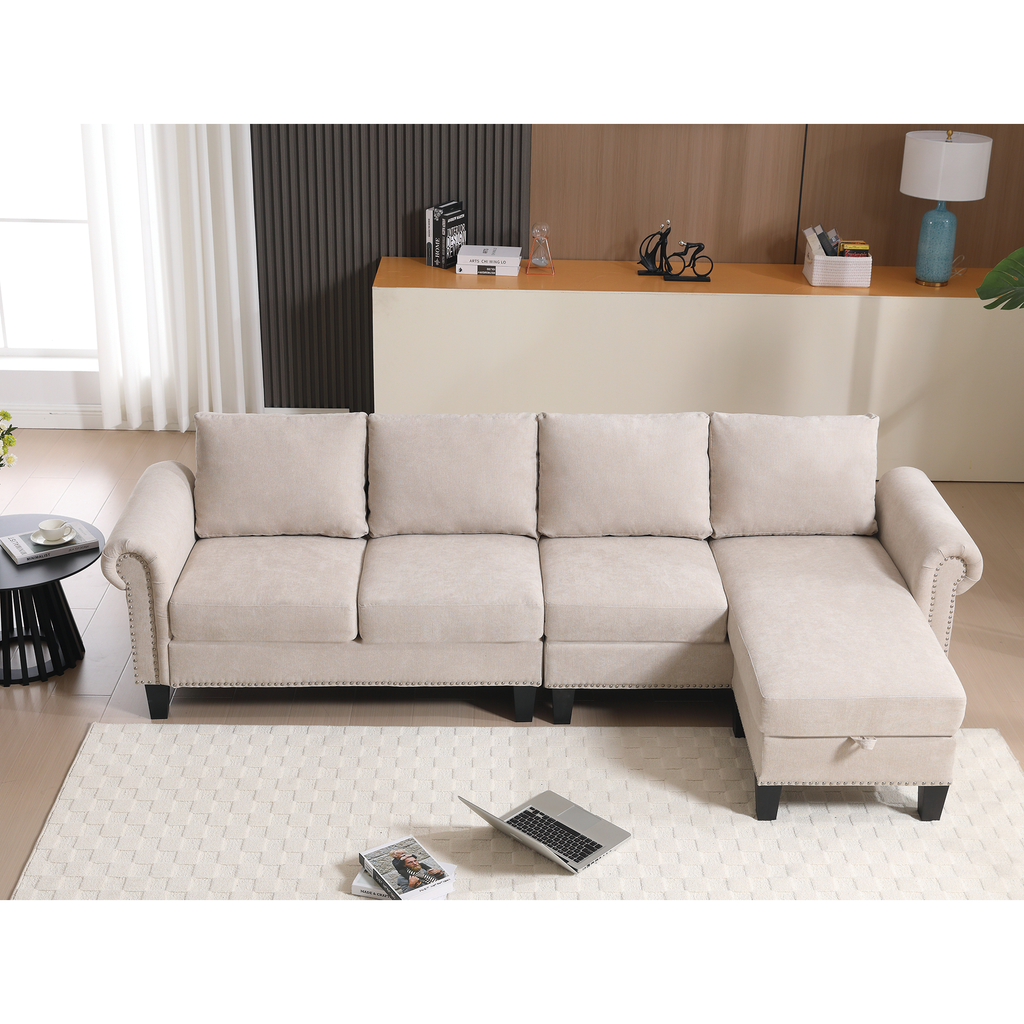 Convertible L-shaped Sectional w/ Storage (Beige)