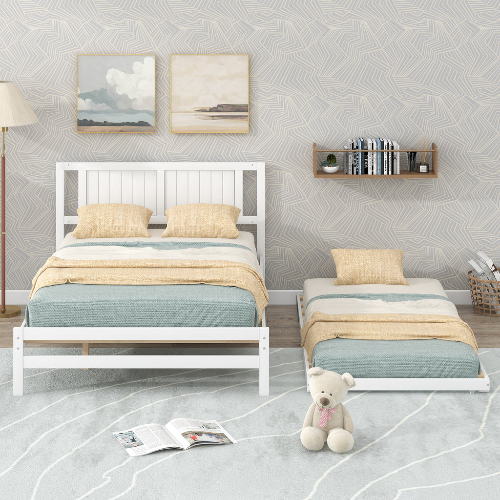 Full Size Platform Bed with Adjustable Trundle (White)