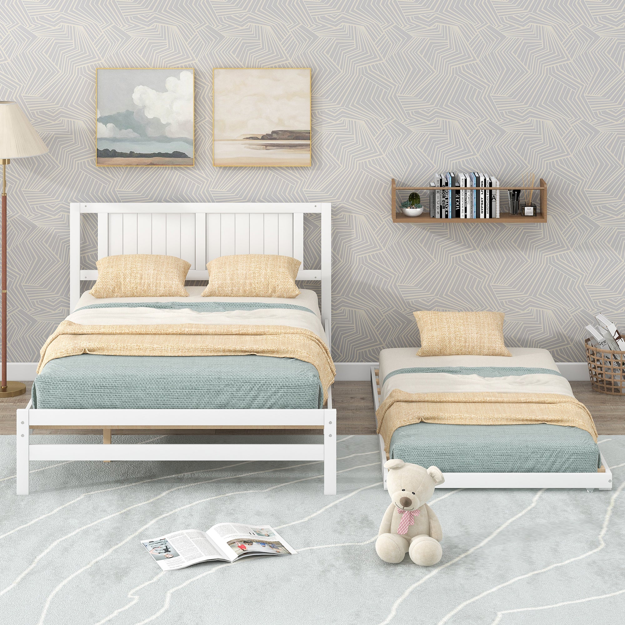 Full Size Platform Bed with Adjustable Trundle (White)