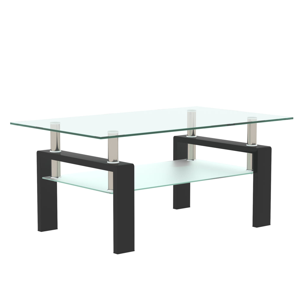 Modern 2-Layer Rectangle Black Glass Coffee Table (Black)