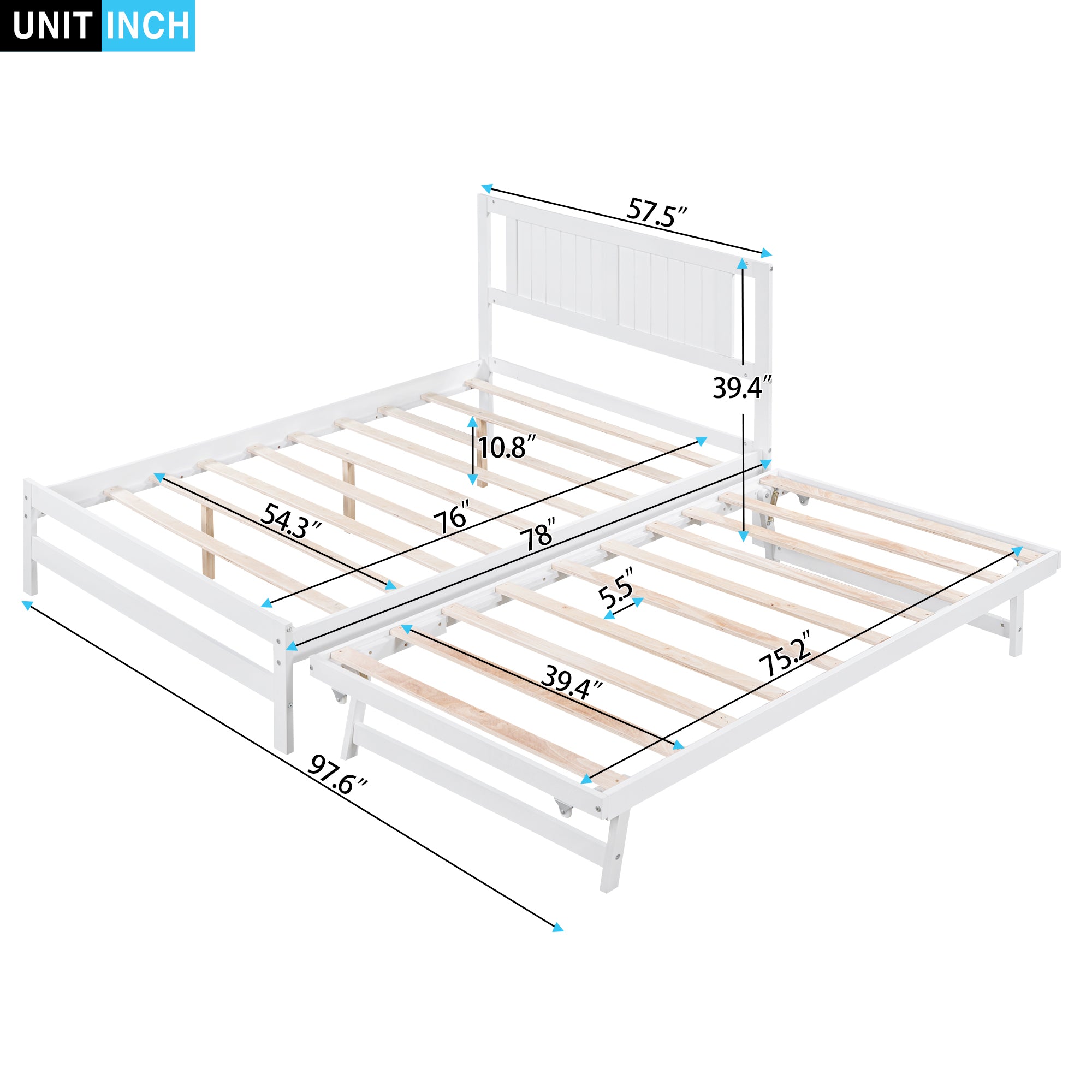 Full Size Platform Bed with Adjustable Trundle (White)