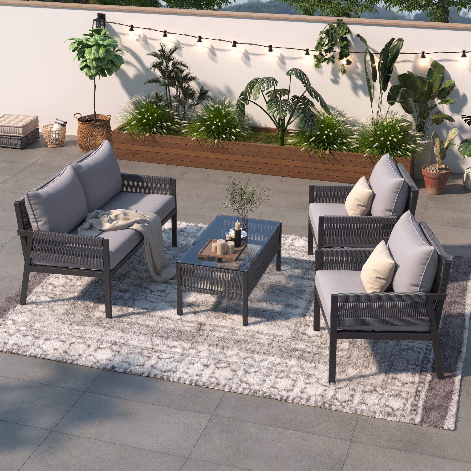 4 PC Boho Outdoor Furniture w/ Tempered Glass Table (Gray)