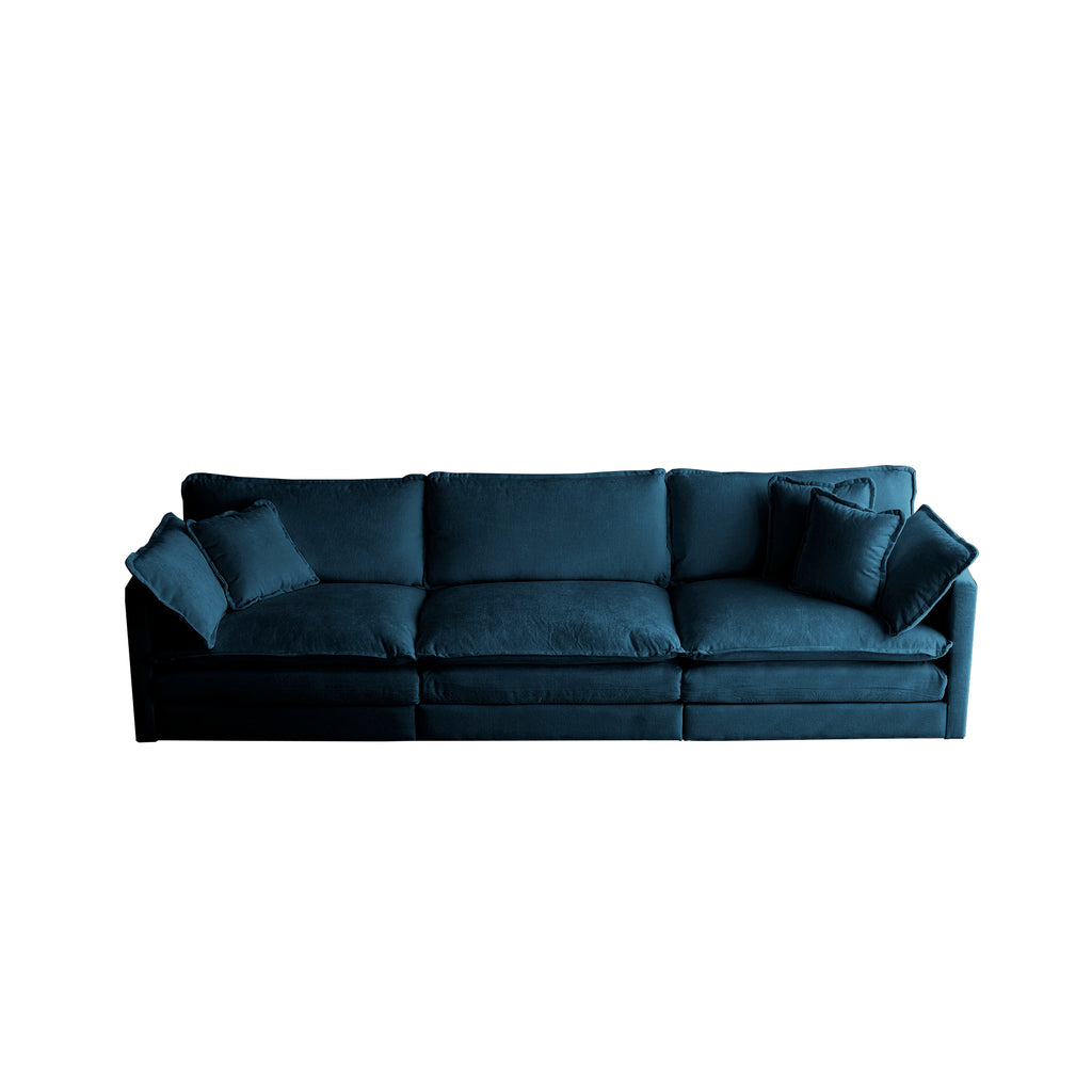 Mid-Century 3-Seat Chenille Sofa with 2 Armrest Pillows and 3 Toss Pillows (Blue)