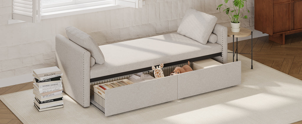 Modern Lounge Chair Sofa Bed w/ 2 Drawers - without mattress (Beige)