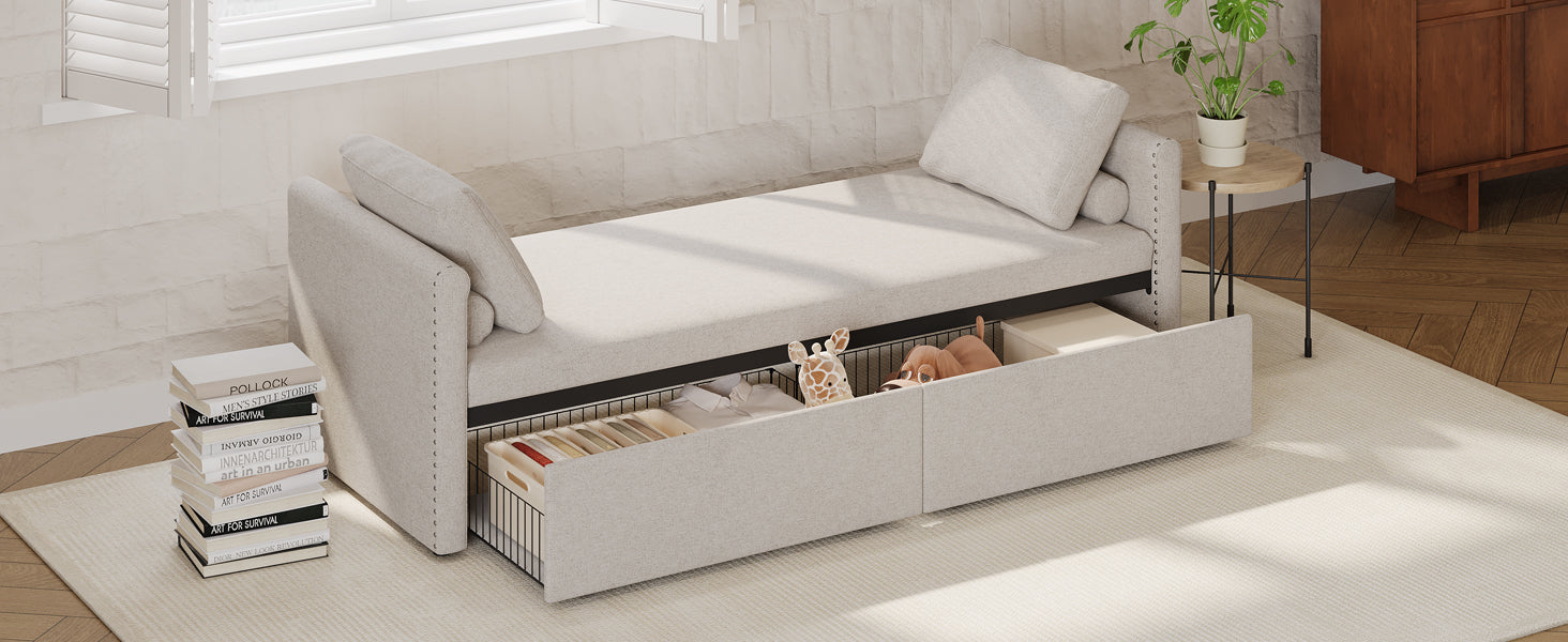 Modern Lounge Chair Sofa Bed w/ 2 Drawers - without mattress (Beige)