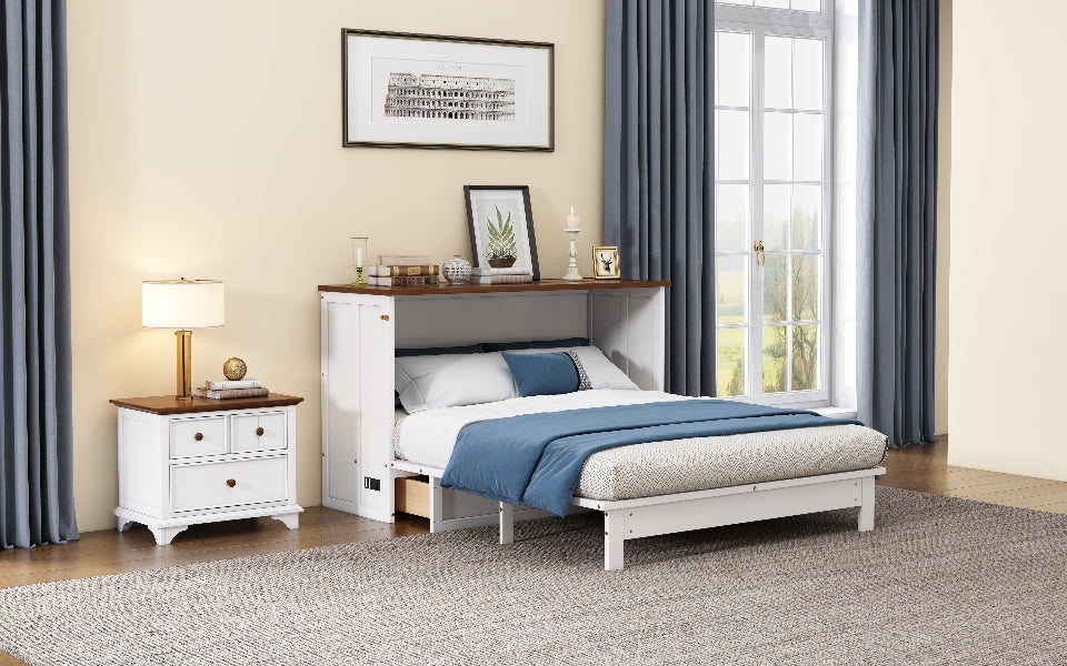 Solid Pine Murphy Bed Chest with Charging Station and Large Storage Drawer