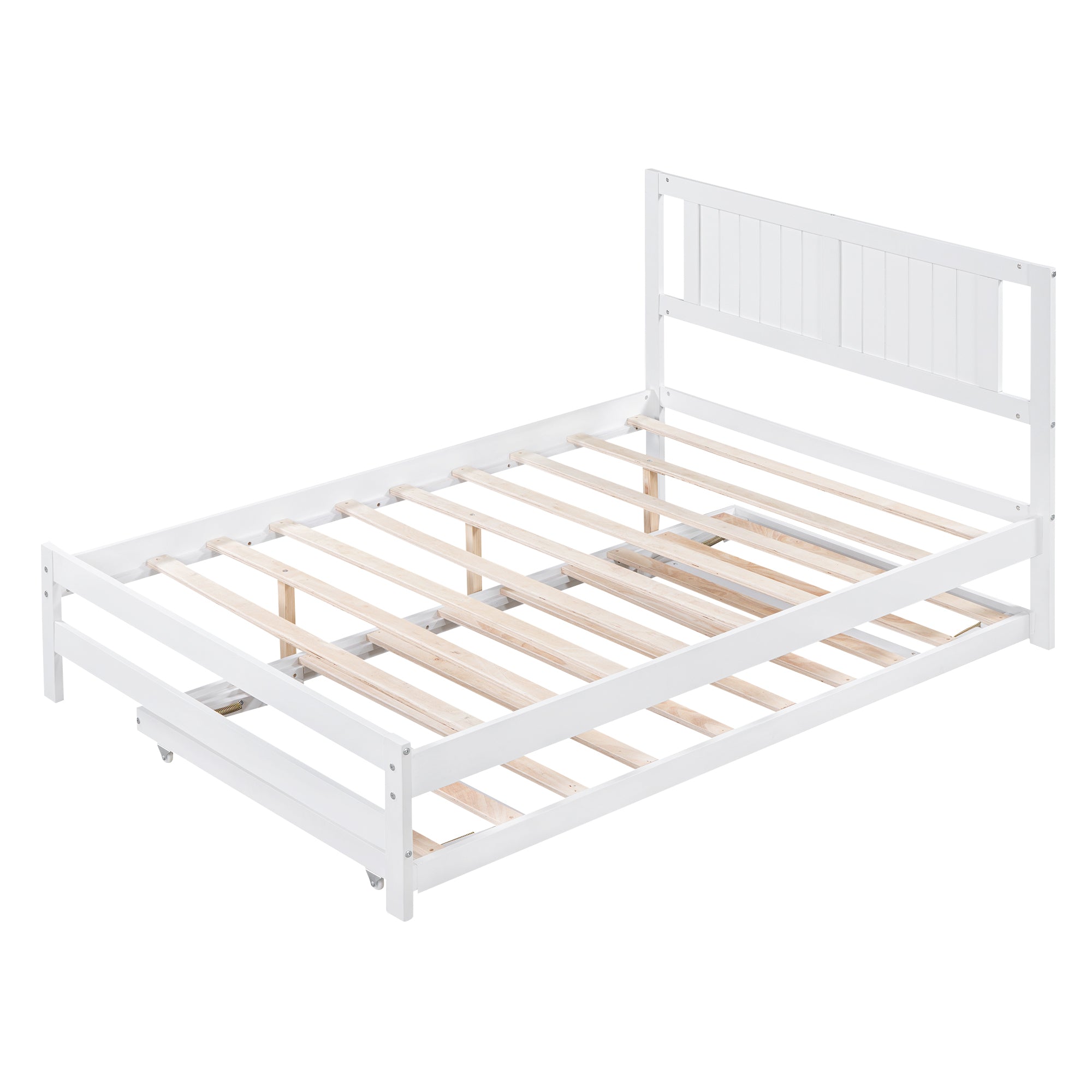 Full Size Platform Bed with Adjustable Trundle (White)