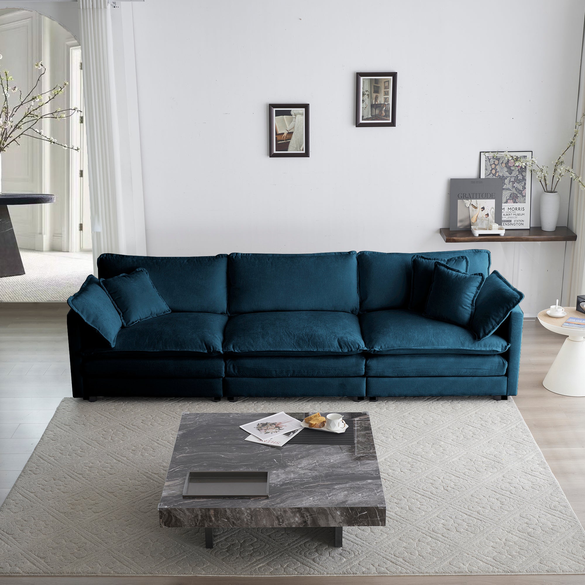 Mid-Century 3-Seat Chenille Sofa with 2 Armrest Pillows and 3 Toss Pillows (Blue)