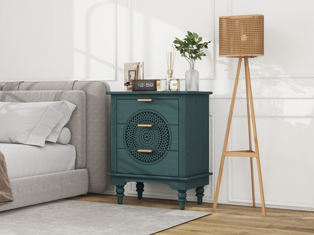 Hollow-Carved 3 Drawer Dresser Chest (Blackish Green)