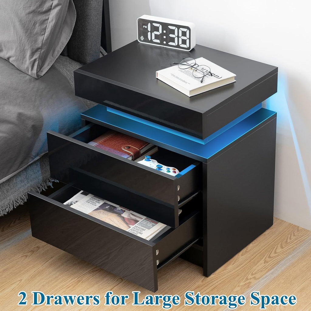 Modern LED Nightstand w/ 2 Drawers (Black)