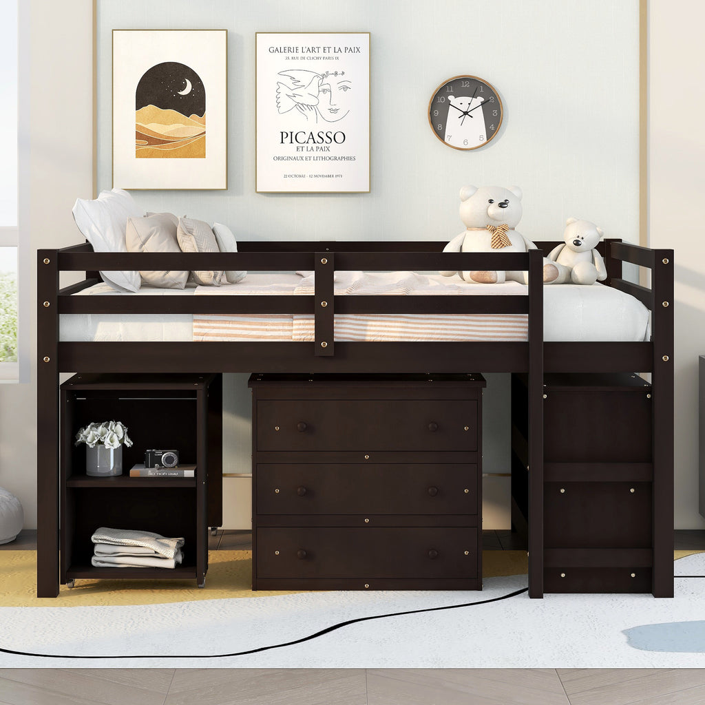 Low Study Full Loft Bed w/ Cabinet Shelves & Desk (Espresso)