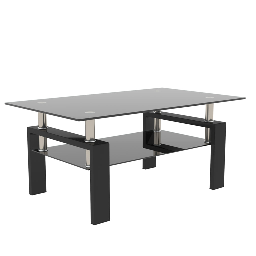Modern 2-Layer Rectangle Black Glass Coffee Table