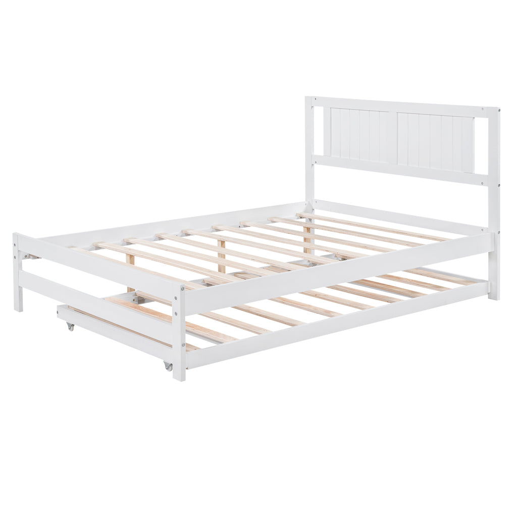 Full Size Platform Bed with Adjustable Trundle (White)