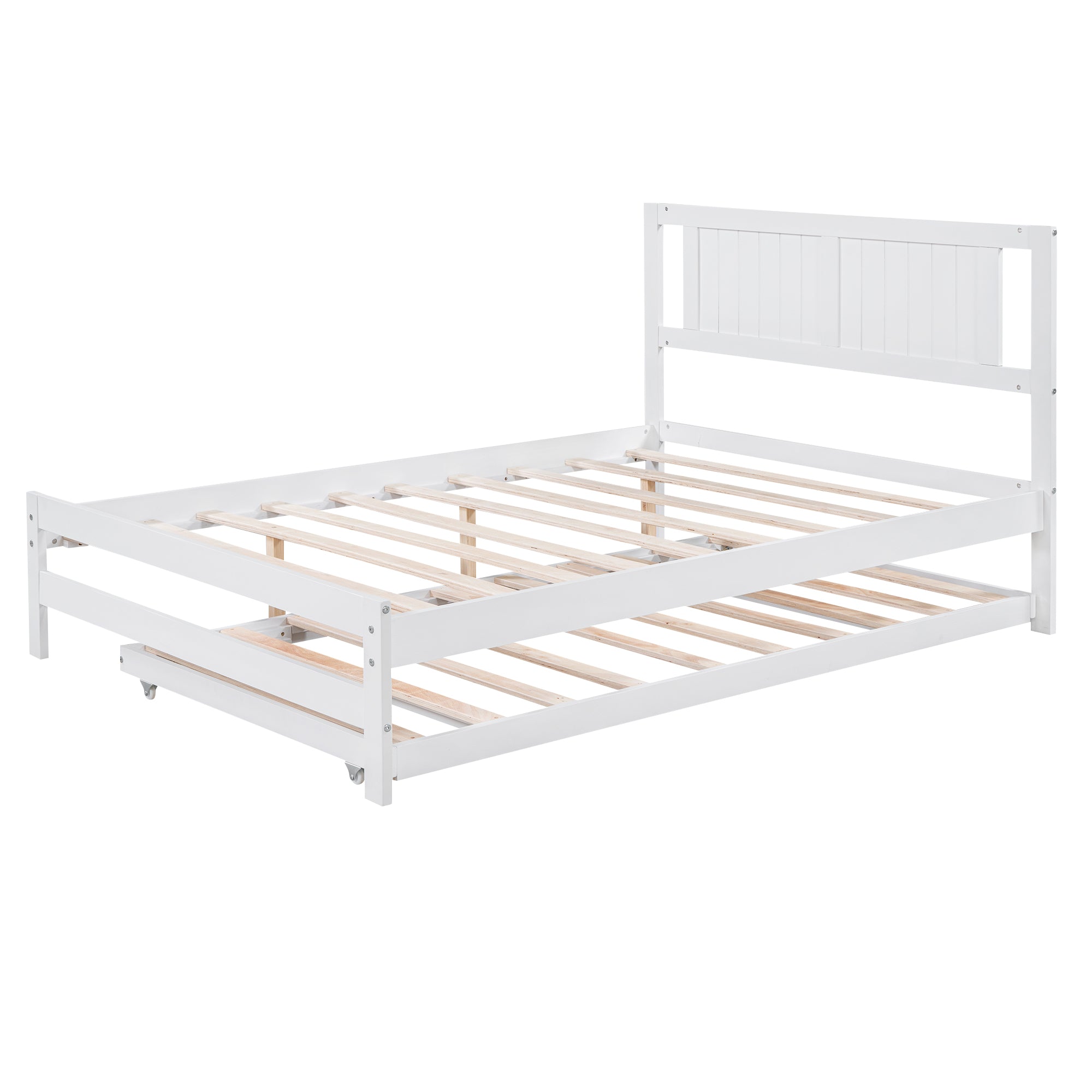 Full Size Platform Bed with Adjustable Trundle (White)