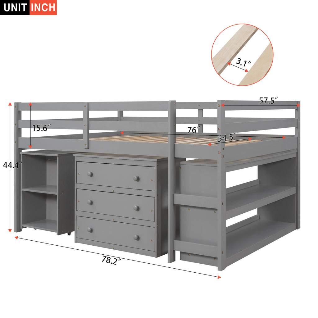 Low Study Full Loft Bed w/ Cabinet Shelves & Desk (Gray)