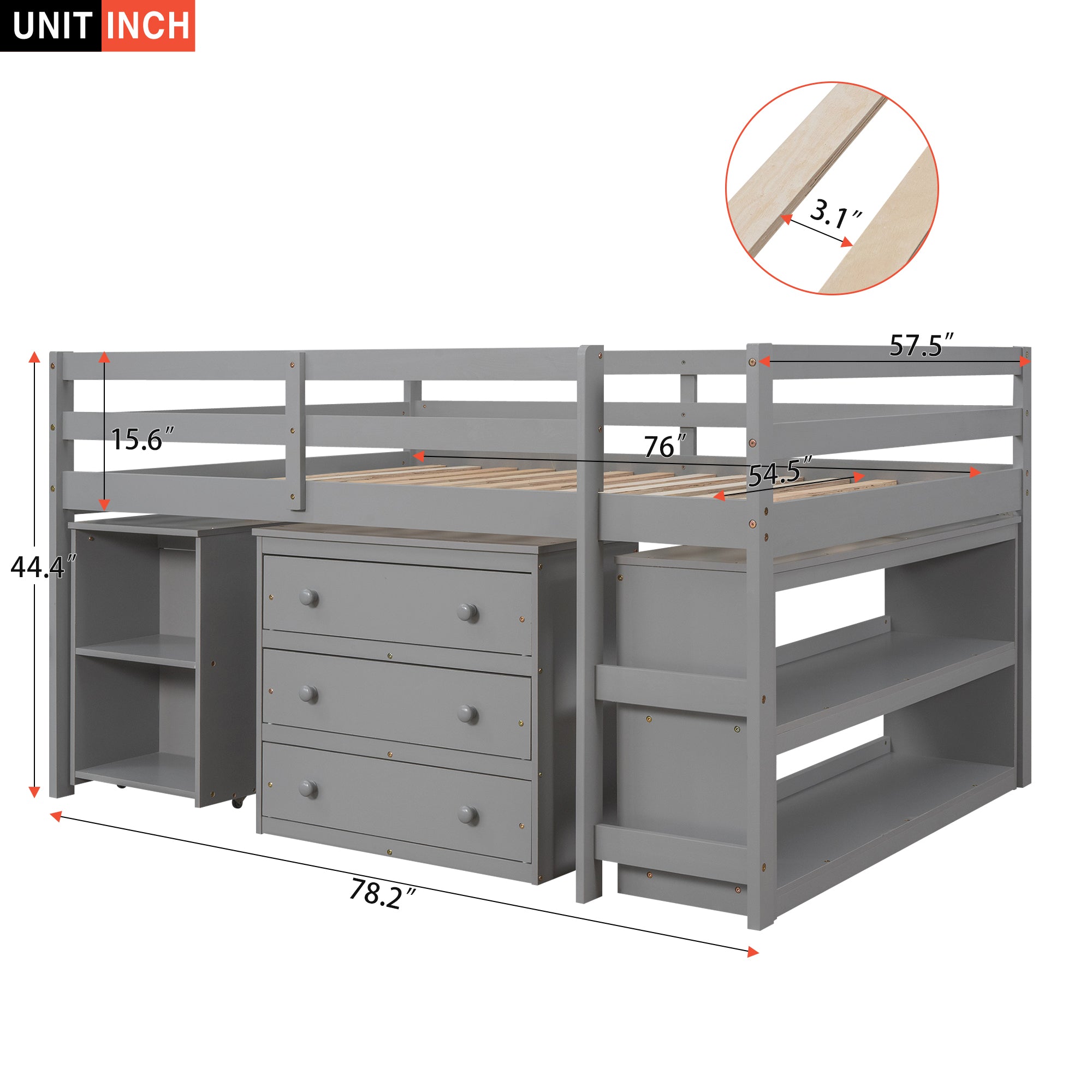 Low Study Full Loft Bed w/ Cabinet Shelves & Desk (Gray)